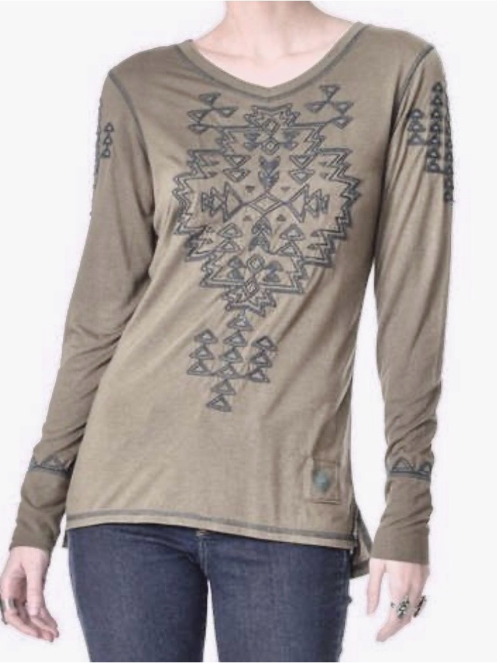 Double D Ranch - Rocky Ridge Tan Taupe Embroidered Long Sleeve Tee Size XL